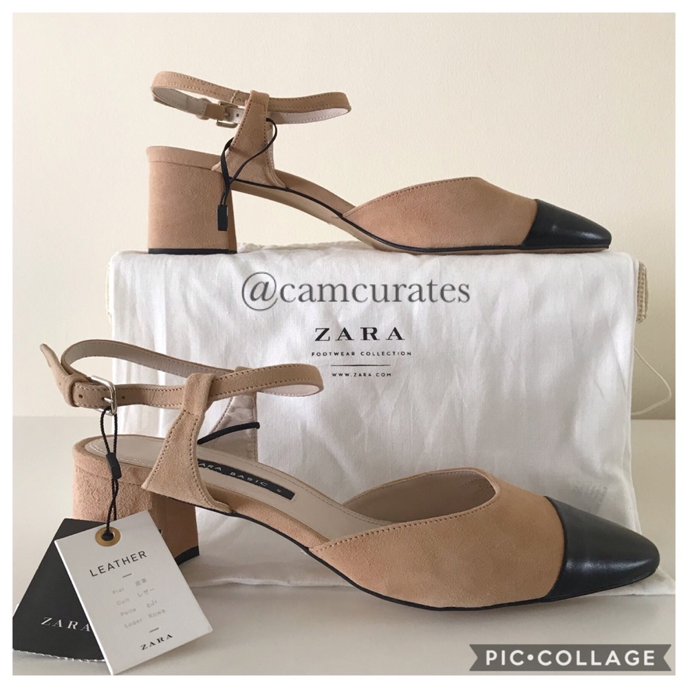 ⭐️Zara Combined Mid-Heel Leather Slingback Shoes